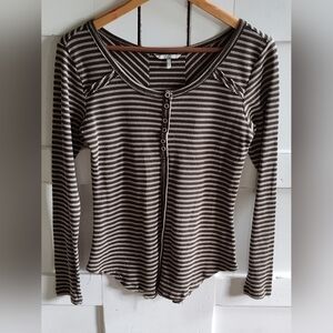 BKE Women's Olive And Cream Striped Thermal Henley | Long Sleeve | Large
